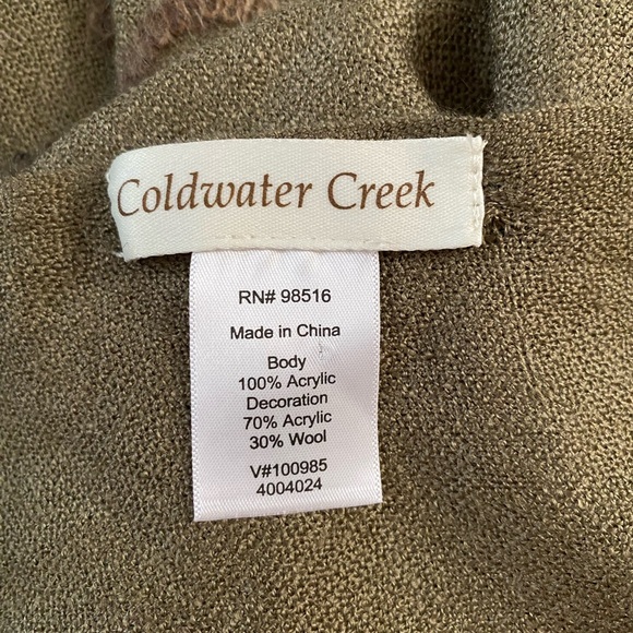 Coldwater Creek Wool blend Embroidered Wrap Dark Olive Green Fringe trim - Picture 7 of 11